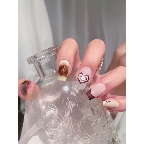 24 pcs Coffee Acrylic Press On Nail Set Reusable - Picture 1 of 9
